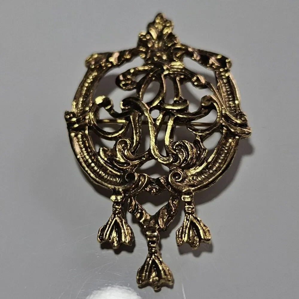 Victorian Revival Brooch Nondescriptive Scroll Girandole Tassels Vintage Gold Tn